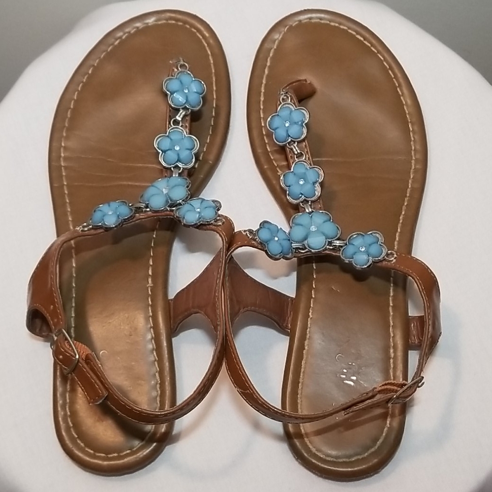 NICOLE Brown Thong Sandals w/Blue Flowers Size 7.5